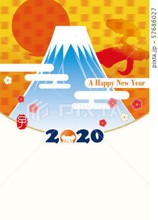 イラスト素材 2020年子年 令和2年 初日の出と富士山のイラスト 和風