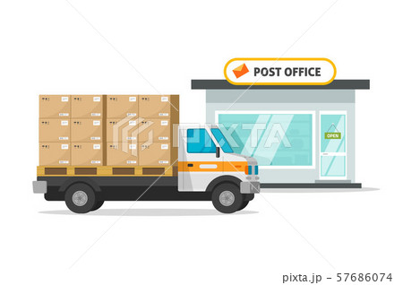 Post office cargo truck or vehicle loaded parcel boxes vector illustration, flat cartoon postoffice 57686074