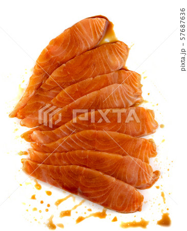 Thin Slices of Raw Salmon Fillet Isolated on White Thin Slices of Raw Salmon Fillet Isolated on White 57687636
