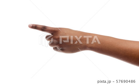Woman's hand showing number one with fingers on white background Woman's hand showing number one with fingers on white background 57690486