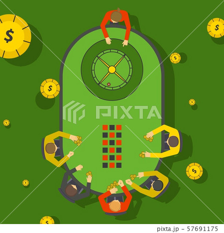 Gambling people at casino roulette table, vector illustration. Players in casino placing bets, view 57691175