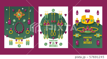 Jewelry store banners, vector illustration. Sparkling golden jewels with precious gemstones. Flat 57691245