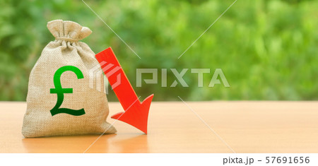 Money bag with pound sterling symbol and red arrow down. Brexit Great Britain. depreciation of the pound, economy fall. economic difficulties, departure of capital Money bag with pound sterling symbol and red arrow down. Brexit Great Britain. depreciation of the pound, economy fall. economic difficulties, departure of capital 57691656