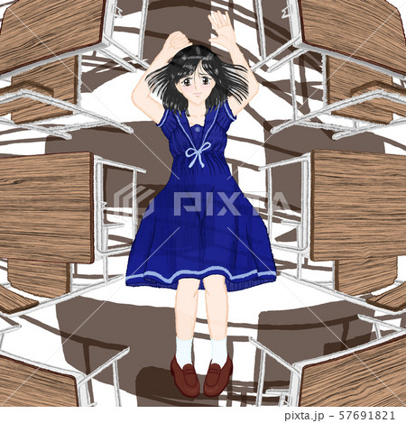 Jk由奈 教室 紺のセーラー服 ワンピース 床なし 机あり 影あり カバンなしのイラスト素材