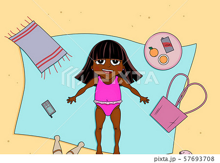 Beautiful young girl tanning. Cartoon vector illustration. African child. 57693708