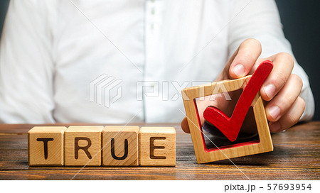A man holds a red check mark over word True. Confirm the veracity and truth. Fight against fake news hostile propaganda. Confirmation facts, refutation of rumors. Debunking Myths and Misconceptions 57693954