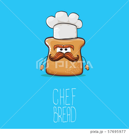 vector funky cartoon cute bread chef character with white chef hat isolated on blue background. My 57695977