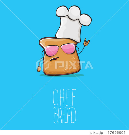 vector funky cartoon cute bread chef character with white chef hat isolated on blue background. My 57696005