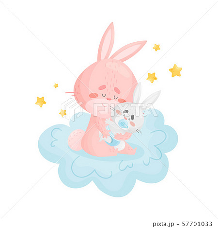 Pink cartoon rabbit with a baby sit on a cloud. Vector illustration on a white background. Pink cartoon rabbit with a baby sit on a cloud. Vector illustration on a white background. 57701033