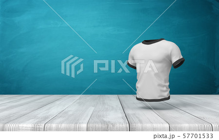 3d rendering of white close-fitting men's T-shirt with black edge piping, suspended in air above 57701533