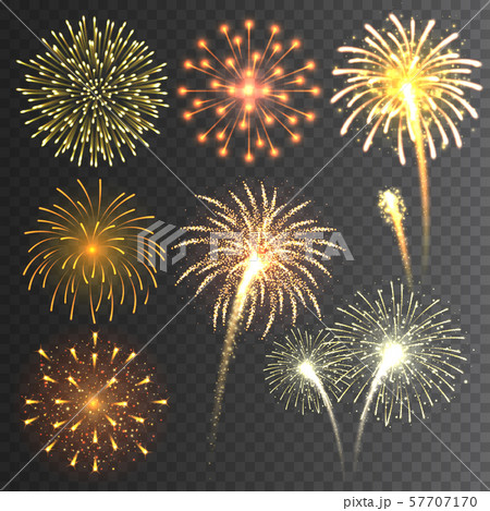 Festive fireworks collection. Realistic colorful firework on transparent background. Multicolored 57707170
