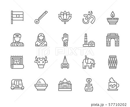 Set of Indian Culture Line Icons. Elephant, Tuk Tuk Car, Cobra, Sitar and more. 57710202