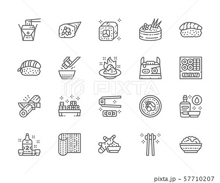 Set of Japanese Food Line Icons. Ginger, Temaki, Nigiri, Wasabi, Soy and more. Set of Japanese Food Line Icons. Ginger, Temaki, Nigiri, Wasabi, Soy and more. 57710207