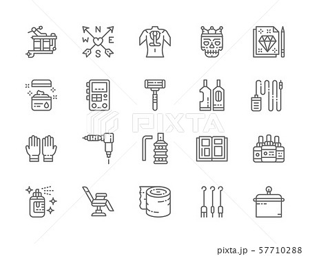 Set of Tattoo Studio Line Icons. Rubber Gloves, Vaseline, Ink Bottles and more. 57710288