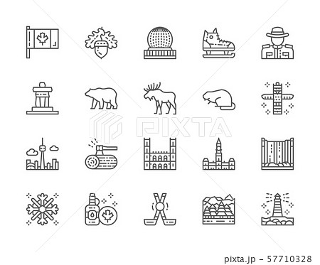 Set of Canadian Culture Line Icons. Sports Equipment, Police, Bear, Elk and more 57710328