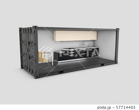 3d Illustration of Converted old shipping container into kitchen room, isolated gray 57714403