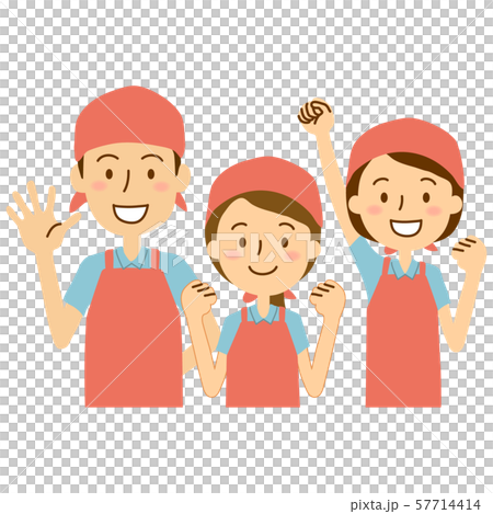 Three people in apron bandana polo shirts pink light blue 57714414