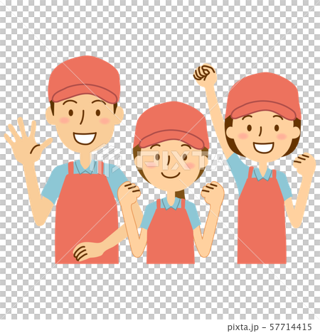 Three people in apron hat polo shirts pink light blue 57714415