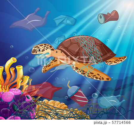 Sea Turtle And Plastic Bags In The Oceanのイラスト素材
