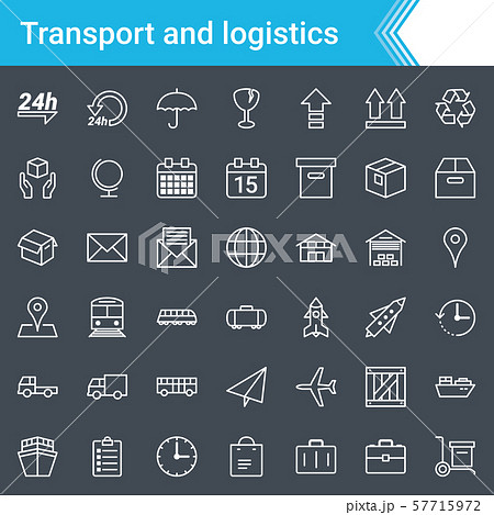 Modern, stroked logistics and transport icons isolated on dark background Modern, stroked logistics and transport icons isolated on dark background 57715972