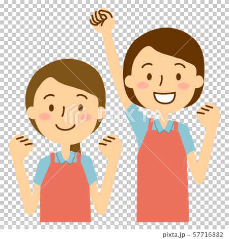 Two women in apron polo shirts pink light blue 57716882