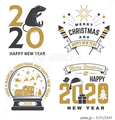 Set of Merry Christmas and 2020 Happy New Year stamp, sticker Set quotes with snowflakes, snowman 57717347