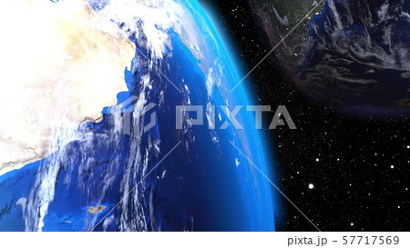 Computer generation futuristic composition planet Earth in outer space. Close-up celestial bodies 57717569