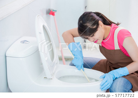 woman brush the toilet woman brush the toilet 57717722