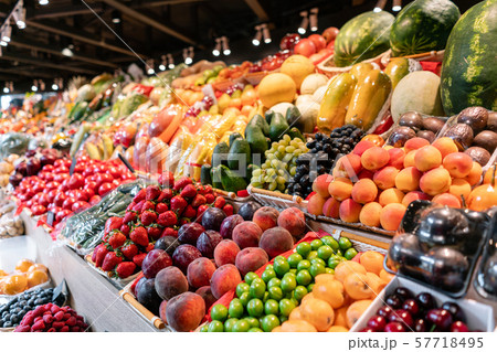 big choice of fresh Fruit and vegetable market. Various colorful fresh fruits and vegetables. Fresh 57718495