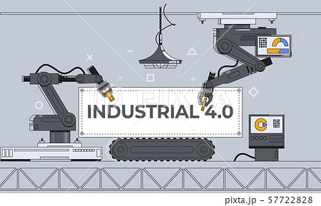 Robotic arms and conveyor belt, Factory automation, Industry 4.0. Vector illustration background Robotic arms and conveyor belt, Factory automation, Industry 4.0. Vector illustration background 57722828