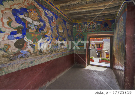 Paintings on the wall at Thiksey Monastery or Thiksey Gompa passage, Ladakh, India 57725319