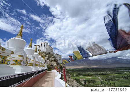 Prayer flags and Chorten or Stupas at Thiksey Monastery, Ladakh, India Prayer flags and Chorten or Stupas at Thiksey Monastery, Ladakh, India 57725346