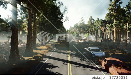 Military tanks ride on a dusty abandoned highway in the early morning on the battlefield. 3D 57726051