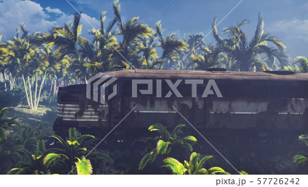 Wrecked train lies in the jungle in the middle of palm trees and tropical vegetation. 3D Rendering Wrecked train lies in the jungle in the middle of palm trees and tropical vegetation. 3D Rendering 57726242