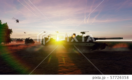 Military tanks and military helicopters move at sunset on the battlefield. 3D Rendering 57726358