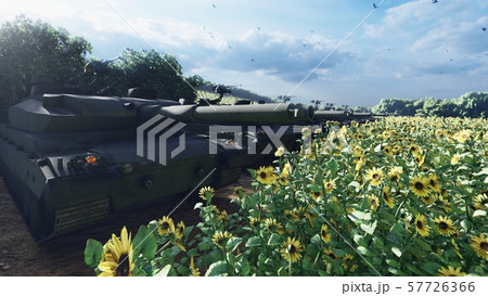 Military tanks on a clear Sunny summer day on a field in the middle of sunflowers. 3D Rendering Military tanks on a clear Sunny summer day on a field in the middle of sunflowers. 3D Rendering 57726366