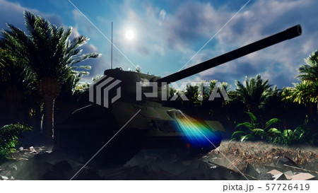 A military tank stands on the ruins in a deserted tropical jungle, and an Armada of military 57726419