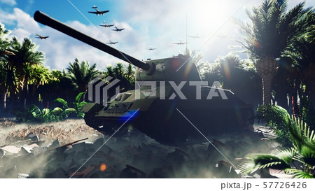 A military tank stands on the ruins in a deserted tropical jungle, and an Armada of military A military tank stands on the ruins in a deserted tropical jungle, and an Armada of military 57726426