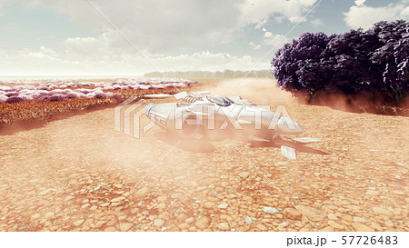 A spaceship lands on a deserted alien planet. Concept on space theme. 3D Rendering 57726483