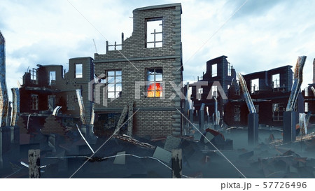 A military tank stands on the ruins and an Armada of military aircraft flies over the ruins of the A military tank stands on the ruins and an Armada of military aircraft flies over the ruins of the 57726496