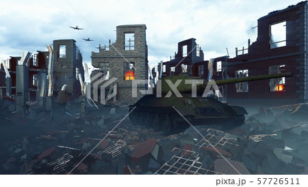A military tank stands on the ruins and an Armada of military aircraft flies over the ruins of the 57726511