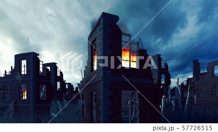 The ruins of an deserted destroyed post-apocalyptic city at sunset. The Concept of Apocalypse. 3D The ruins of an deserted destroyed post-apocalyptic city at sunset. The Concept of Apocalypse. 3D 57726515