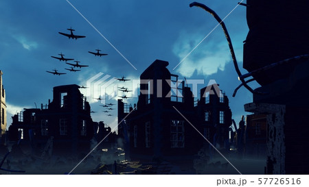 An Armada of military aircraft flies over the ruins of a ruined deserted city. 3D Rendering An Armada of military aircraft flies over the ruins of a ruined deserted city. 3D Rendering 57726516