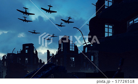 An Armada of military aircraft flies over the ruins of a ruined deserted city. 3D Rendering An Armada of military aircraft flies over the ruins of a ruined deserted city. 3D Rendering 57726518