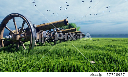 Medieval Cannon in a field in the middle of green grass at sunrise before the battle. 3D Rendering 57726927