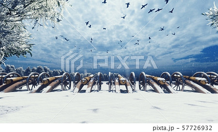 Medieval cannons in the winter field, in the snow on a cloudy day, before the battle. Falling snow Medieval cannons in the winter field, in the snow on a cloudy day, before the battle. Falling snow 57726932
