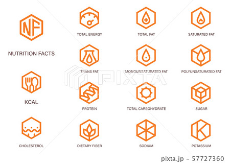 Nutrition facts with food science hexagon outline icon style.  57727360