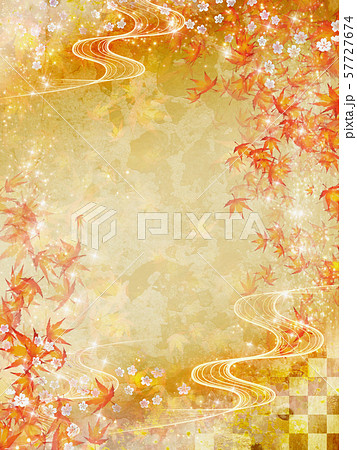 紅葉 水彩画風 キラキラの和の秋の背景 縦のイラスト素材 [57727674 