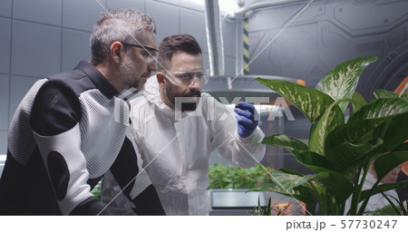 Scientists examining soil of Martian garden Scientists examining soil of Martian garden 57730247