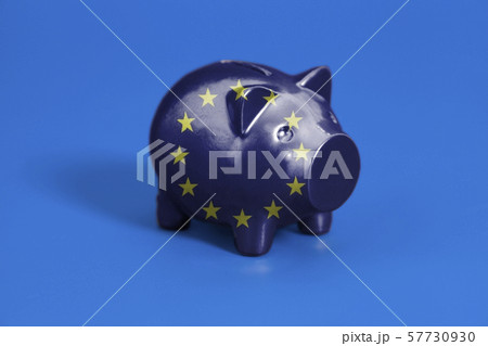 Piggy bank with Flag of European Union. Piggy bank with Flag of European Union. 57730930